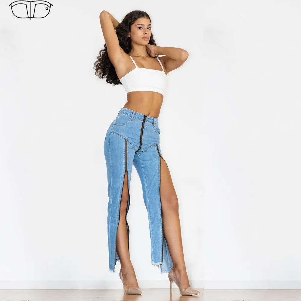 Light Blue Multiple Zippers Jeans