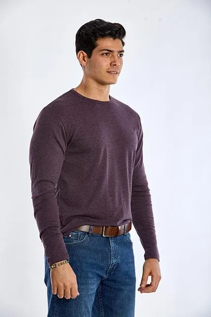 Long Sleeve Round Neck Plain T-Shirt - DARK WINE