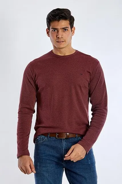 Long Sleeve Round Neck Plain T-Shirt - DARK WINE