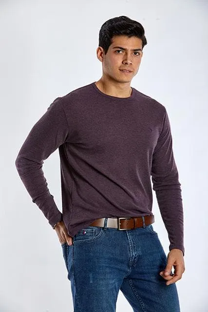 Long Sleeve Round Neck Plain T-Shirt - DARK WINE