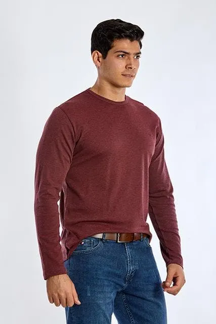 Long Sleeve Round Neck Plain T-Shirt - DARK WINE