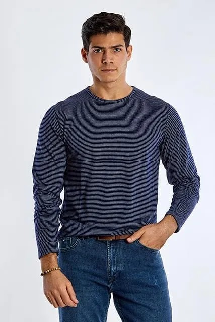 Long Sleeve Round Neck Striped T-Shirt - NAVY