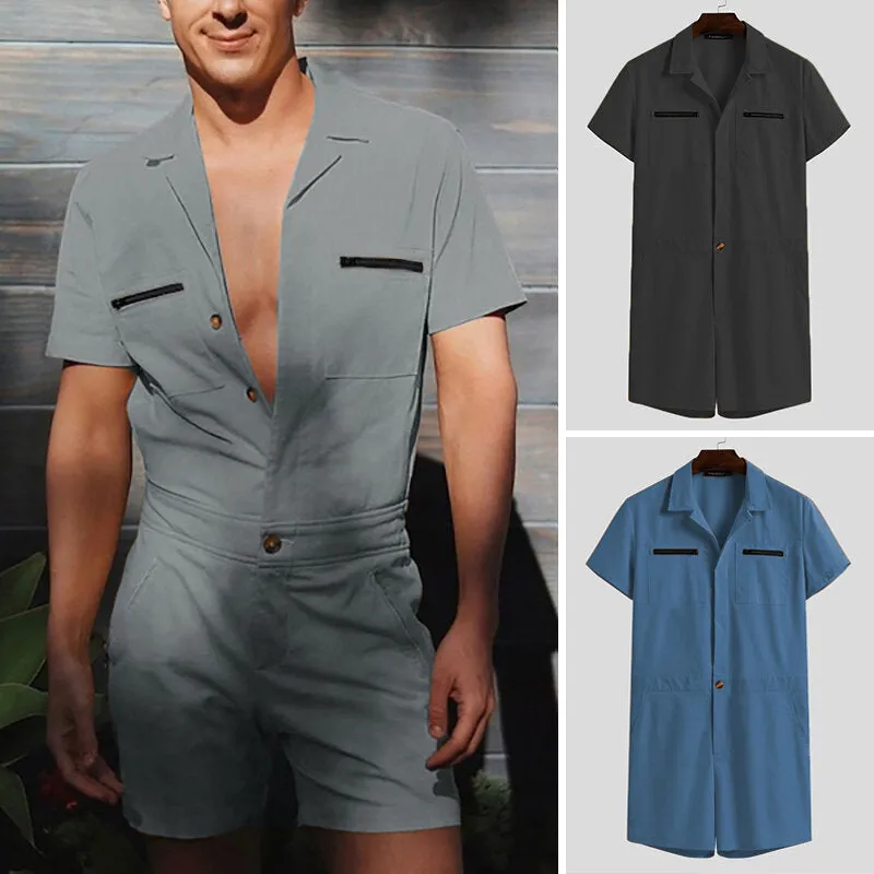 Men Solid Color Lapel Streetwear Short Sleeve Jumpsuits Pockets Summer Casual Overalls Men Shorts