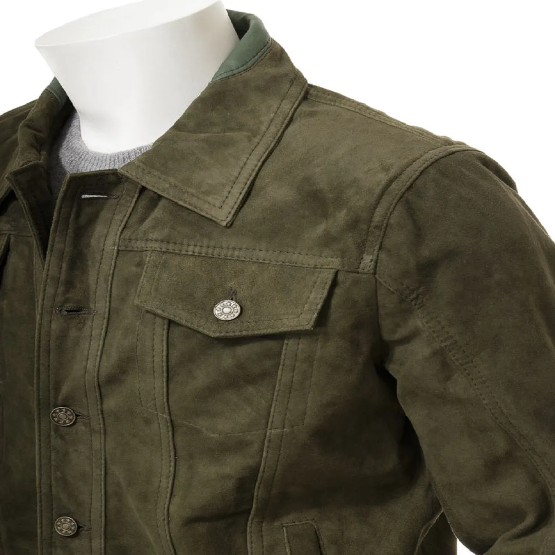 Men's Olive Suede Trucker Jeans Leather Jacket