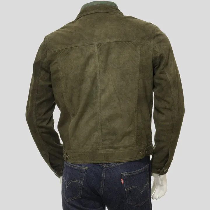 Men's Olive Suede Trucker Jeans Leather Jacket