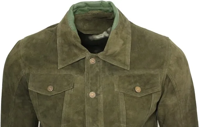 Men's Olive Suede Trucker Jeans Leather Jacket