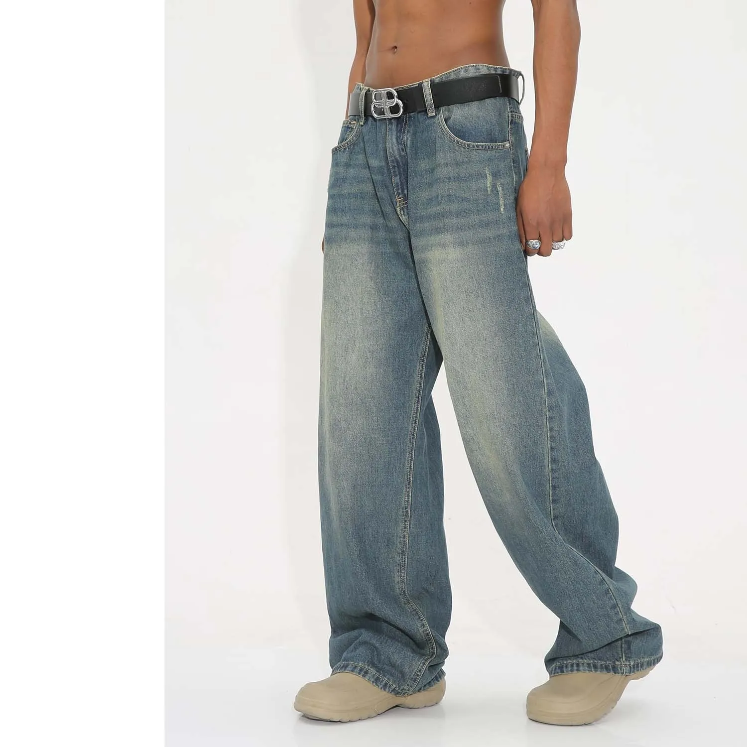 Stonewashed Blue Loose Fit Wide Leg Denim Jeans for Men