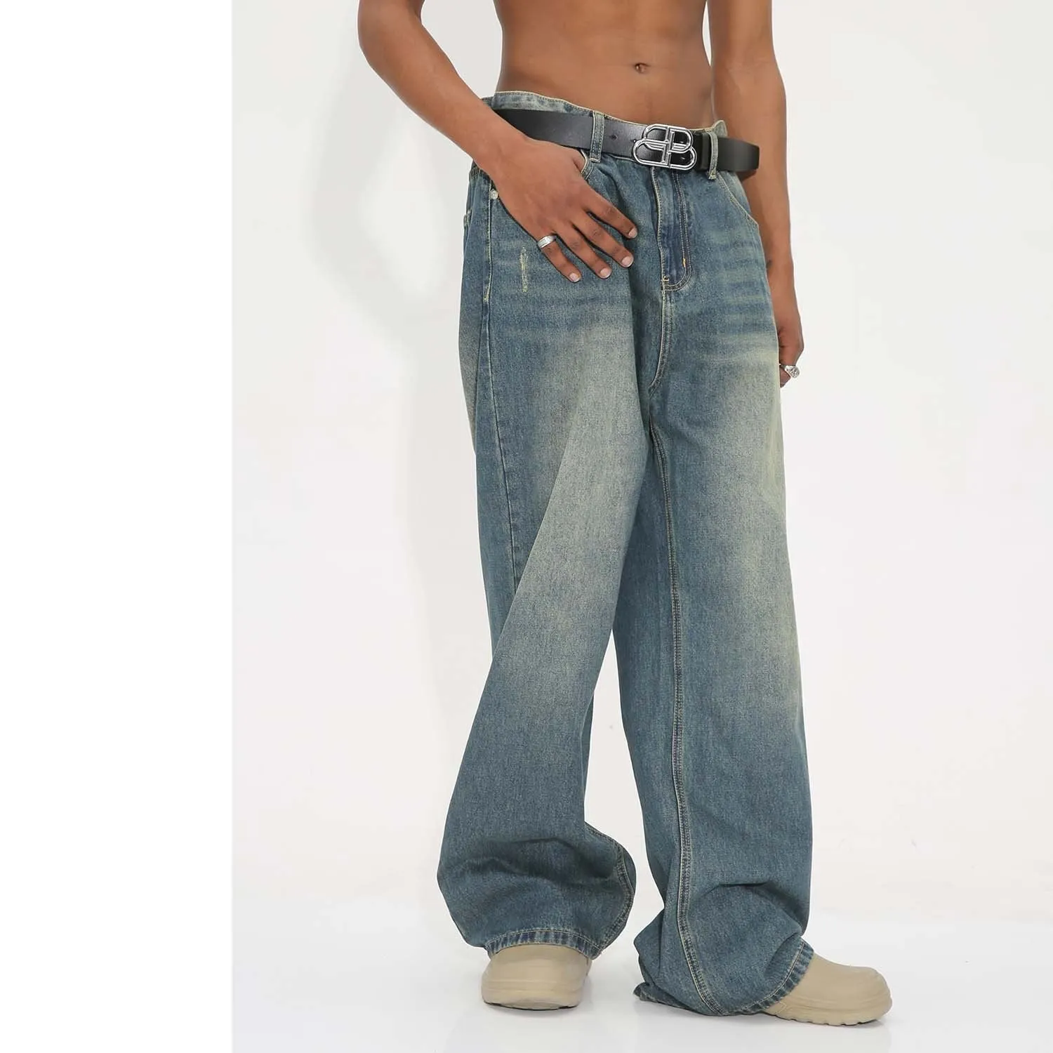 Stonewashed Blue Loose Fit Wide Leg Denim Jeans for Men