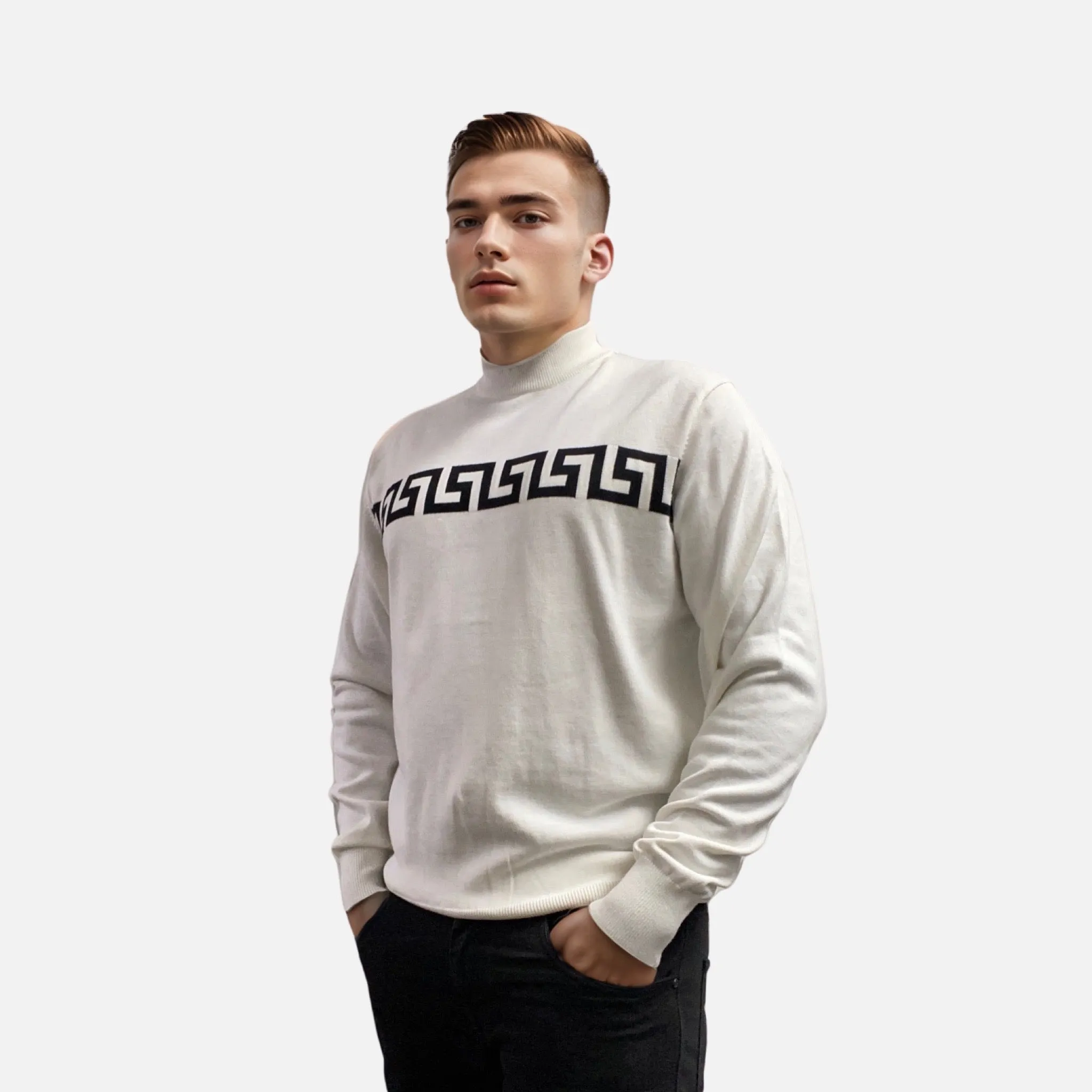 Men's White Mock Neck Sweater with Black Greek Key Pattern | Clearance