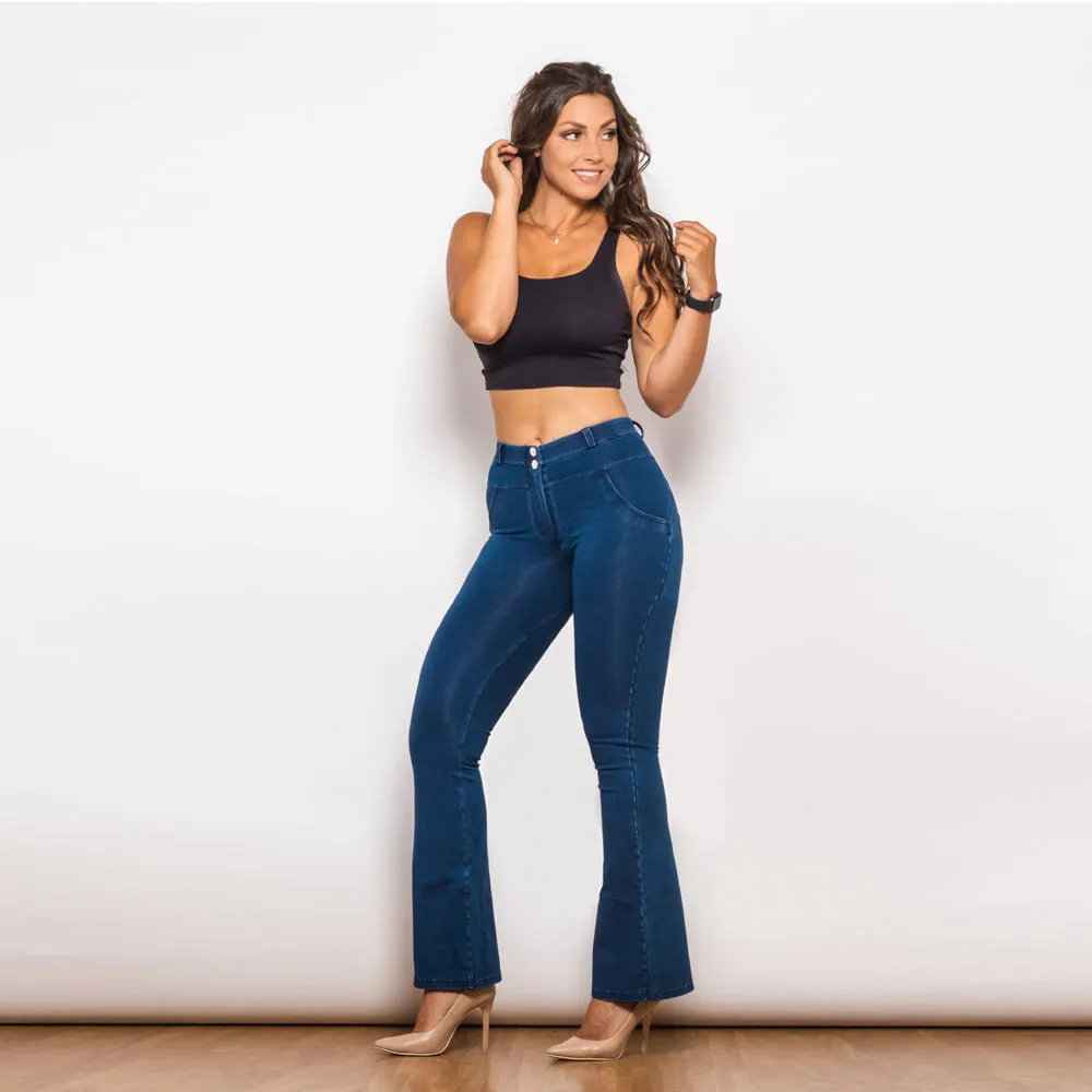 Mid Waist Dark Thread Blue Flare Jeans