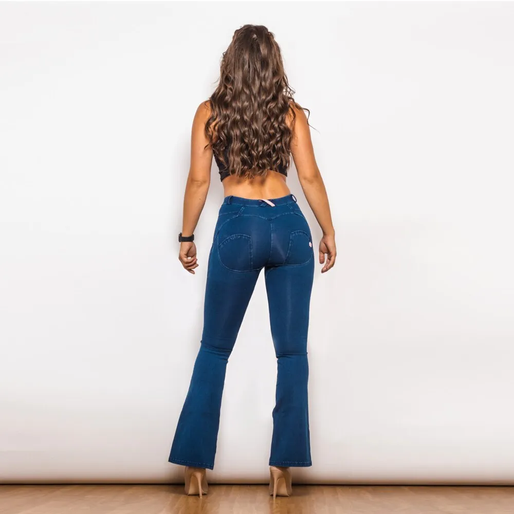 Mid Waist Dark Thread Blue Flare Jeans