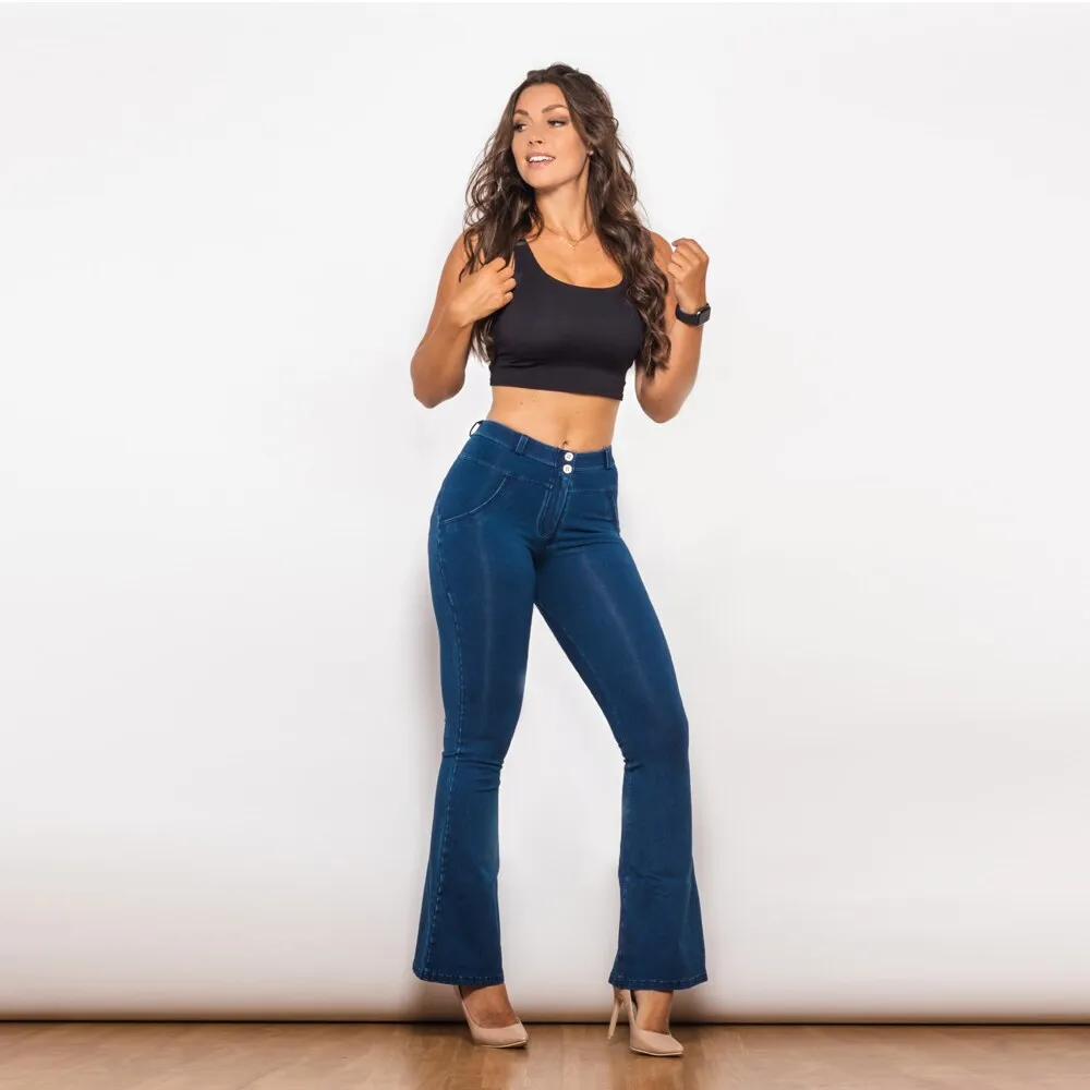 Mid Waist Dark Thread Blue Flare Jeans