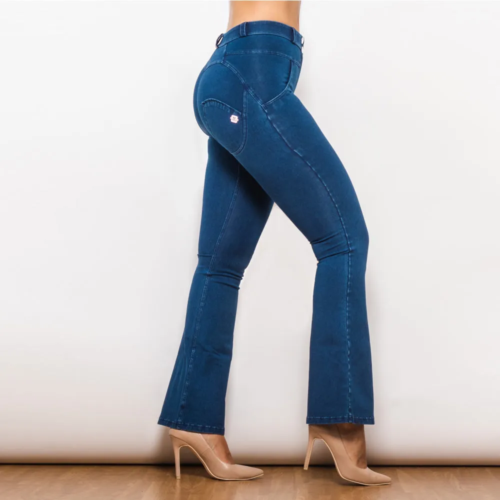 Mid Waist Dark Thread Blue Flare Jeans