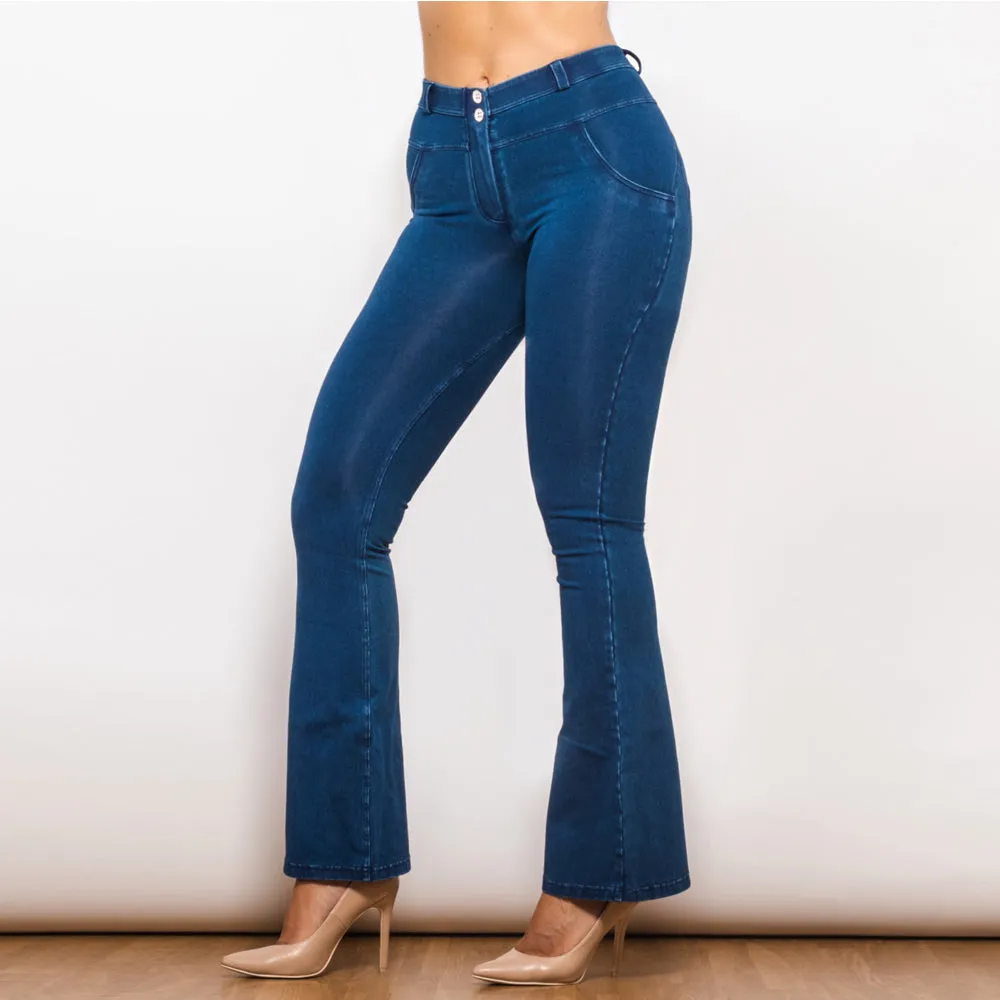 Mid Waist Dark Thread Blue Flare Jeans