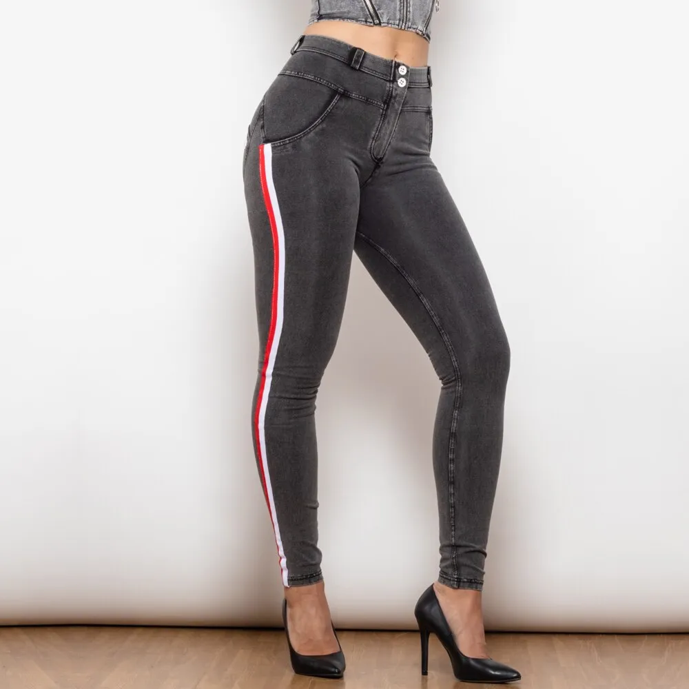 Middle Waist Dark Thread Grey Jeans with Stripe