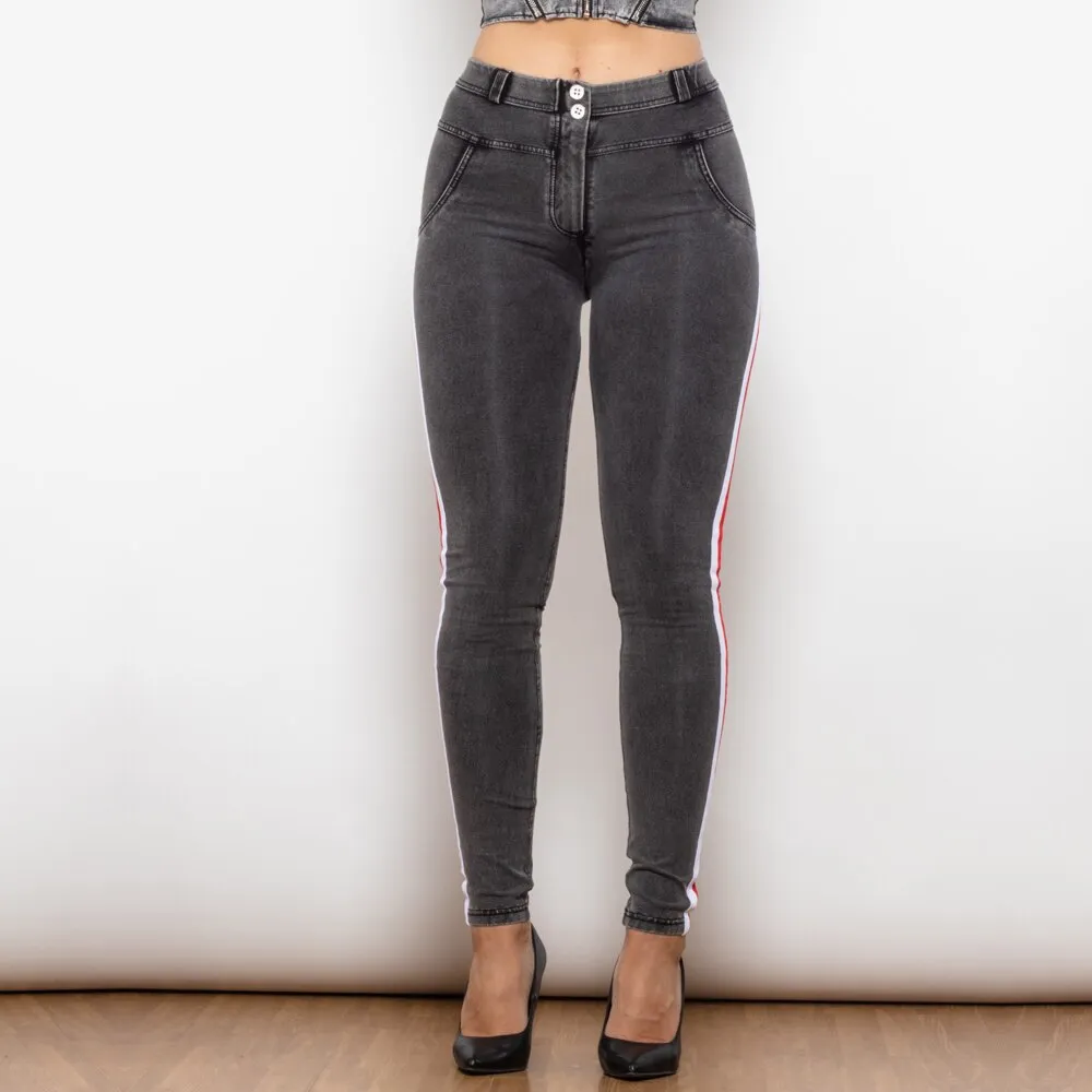 Middle Waist Dark Thread Grey Jeans with Stripe