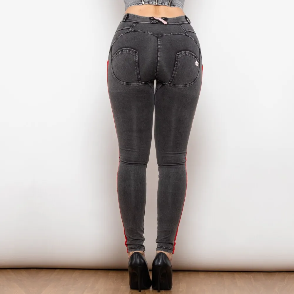 Middle Waist Dark Thread Grey Jeans with Stripe