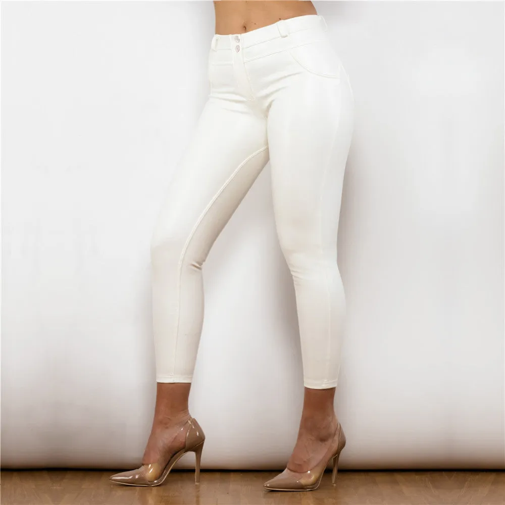 Middle Waist Shinning White Leather Leggings