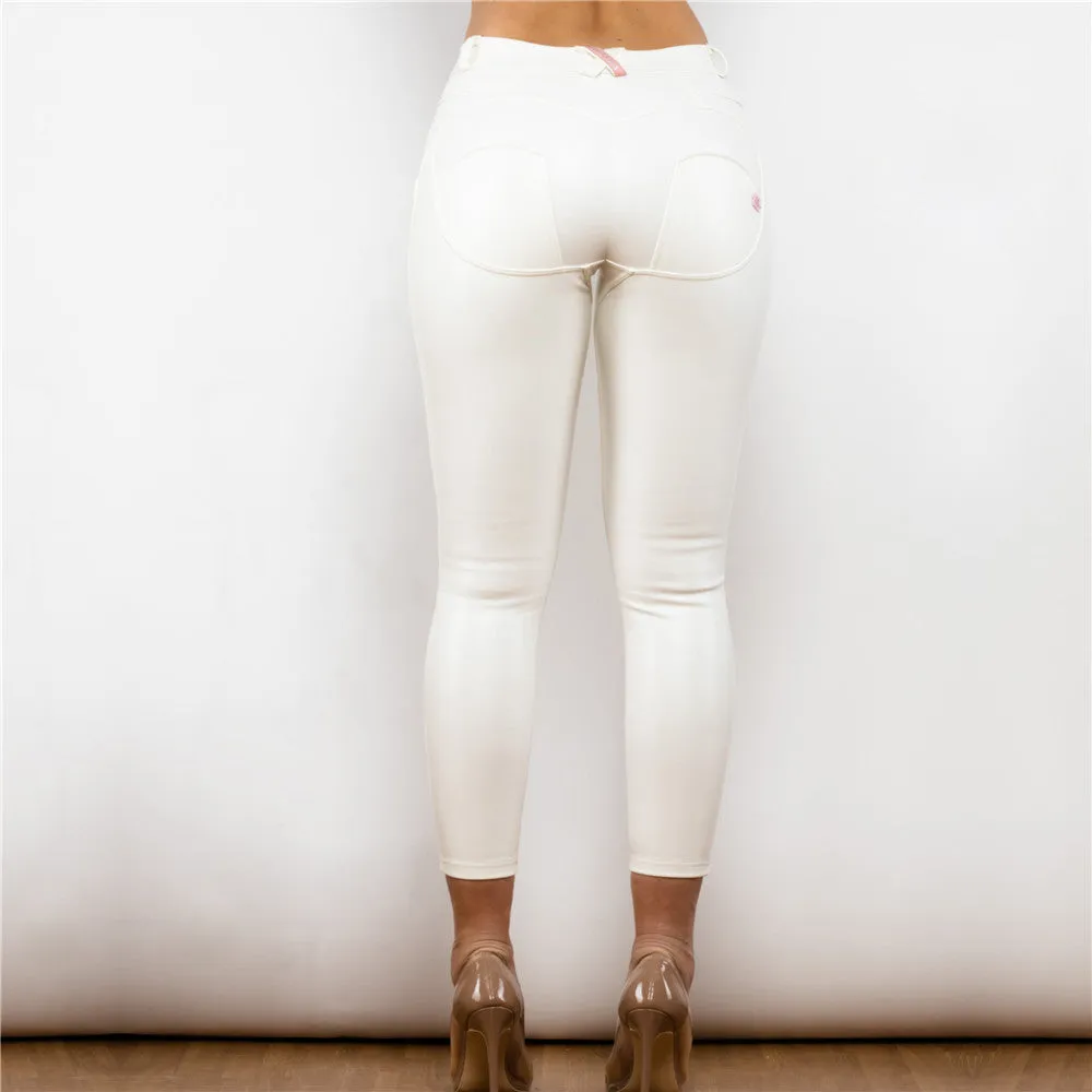 Middle Waist Shinning White Leather Leggings