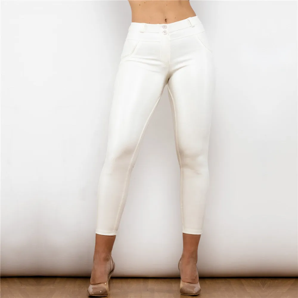 Middle Waist Shinning White Leather Leggings