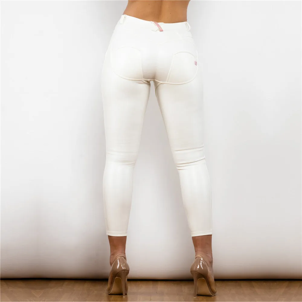 Middle Waist Shinning White Leather Leggings