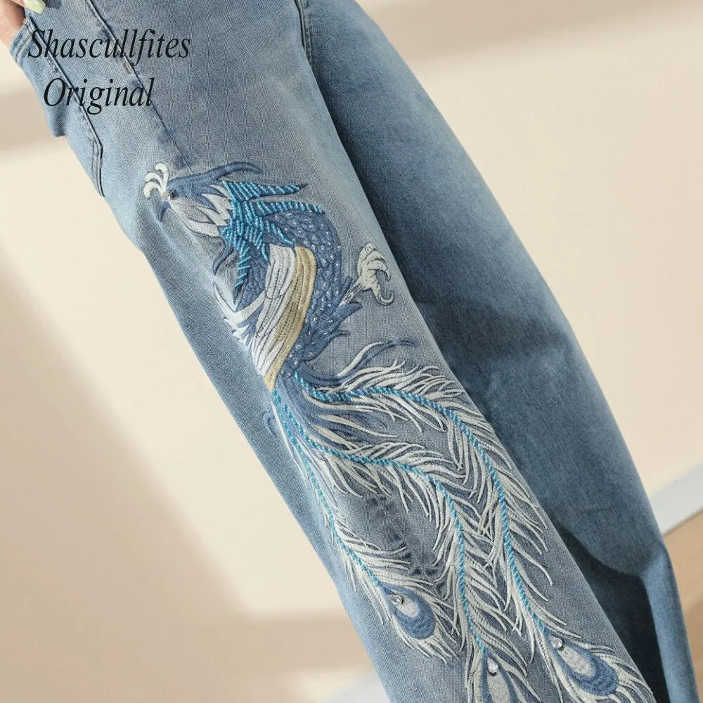 Original Embroidery Straight Loose Blue Women Jeans Wide Leg Fashion Pants Over Size Jeans