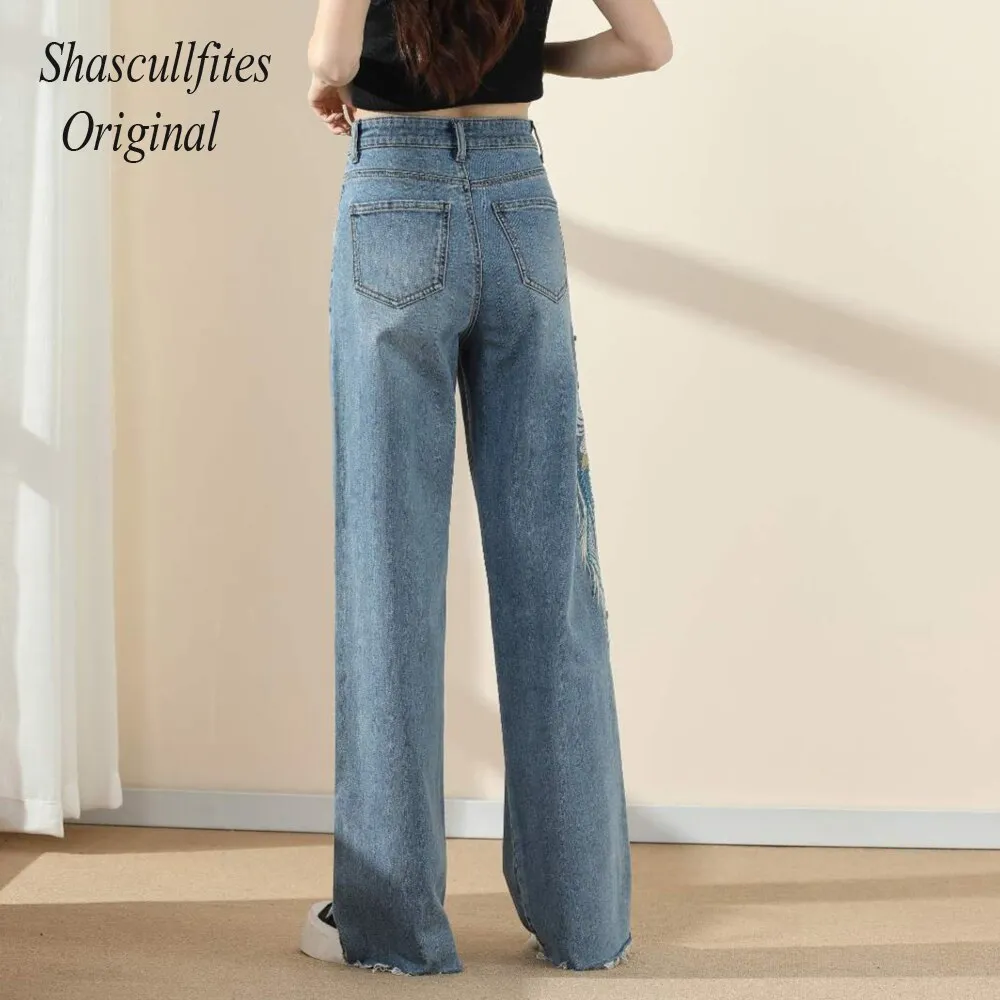 Original Embroidery Straight Loose Blue Women Jeans Wide Leg Fashion Pants Over Size Jeans