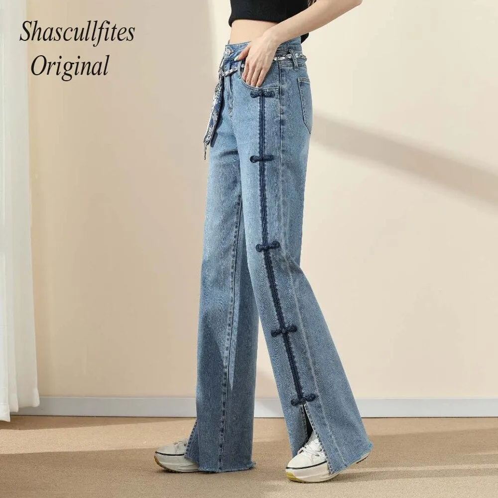 Original Woman New High Street Buttons Split Wide Leg Straight Jeans Women Fashion Casual Pants Women's Jeans