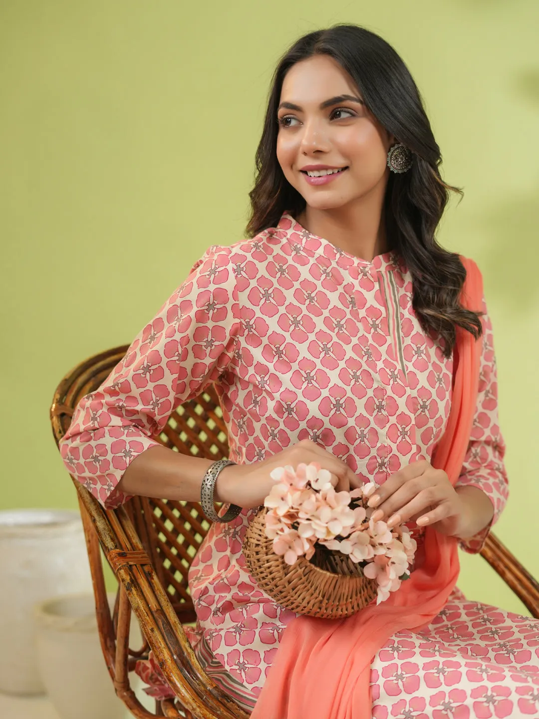 Peach Cotton Floral Regular Kurta Set