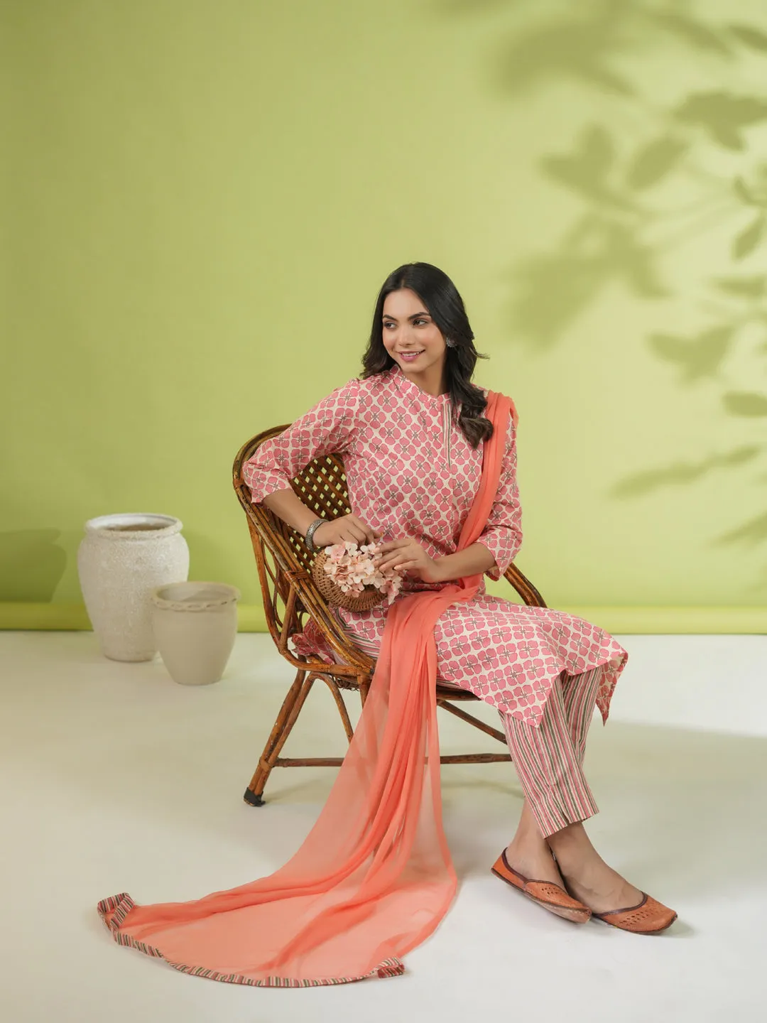 Peach Cotton Floral Regular Kurta Set