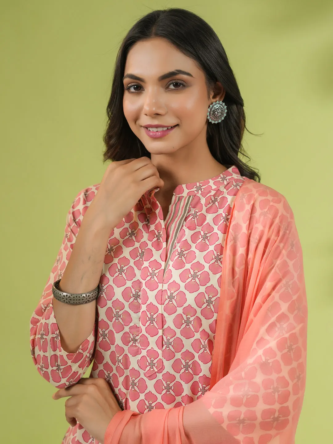 Peach Cotton Floral Regular Kurta Set