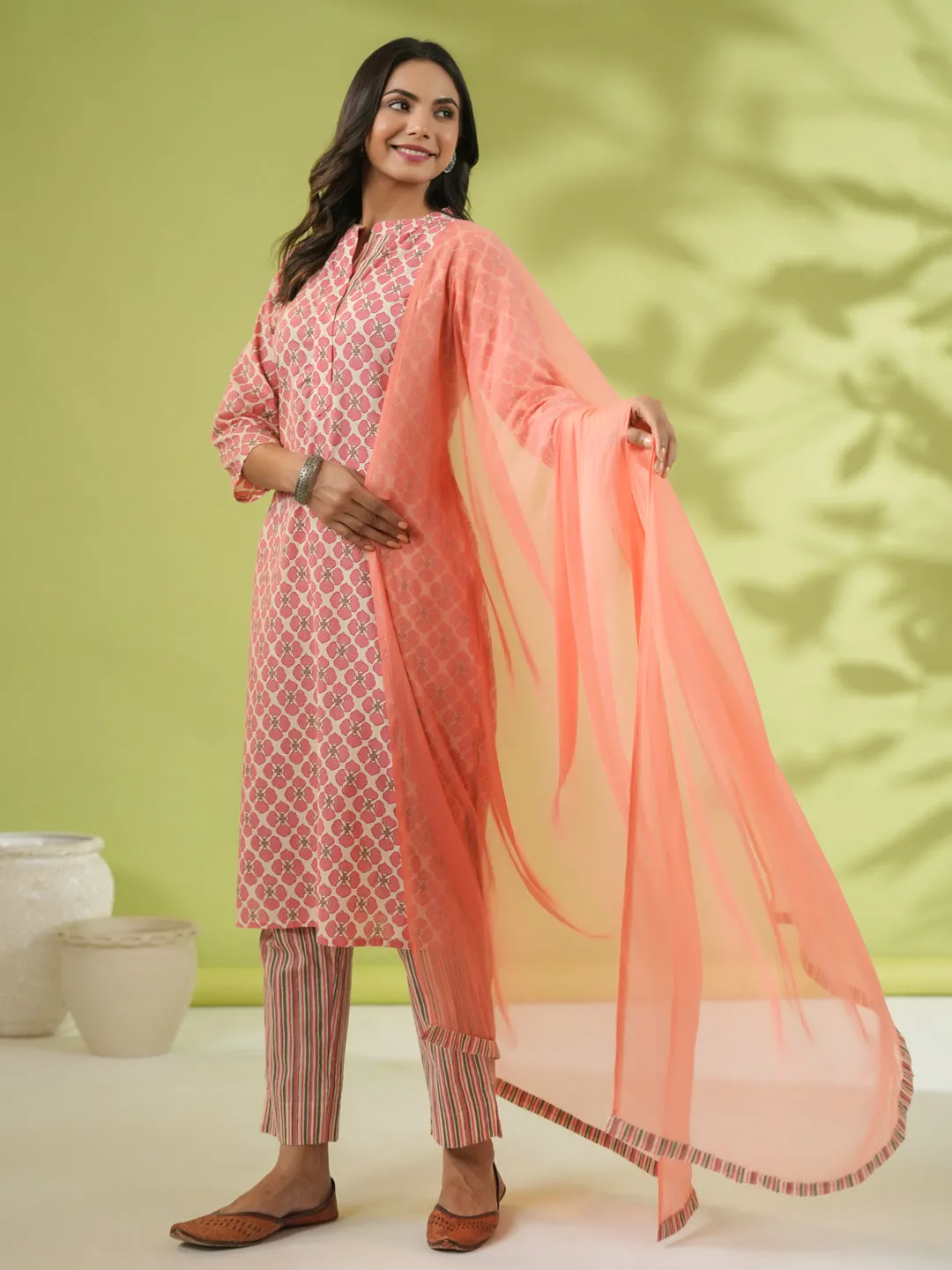 Peach Cotton Floral Regular Kurta Set