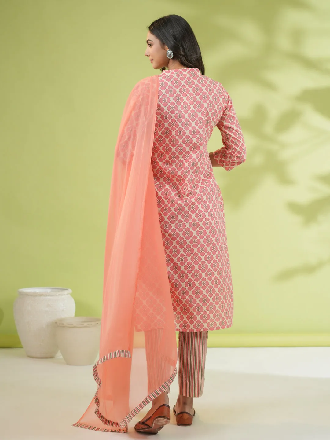 Peach Cotton Floral Regular Kurta Set