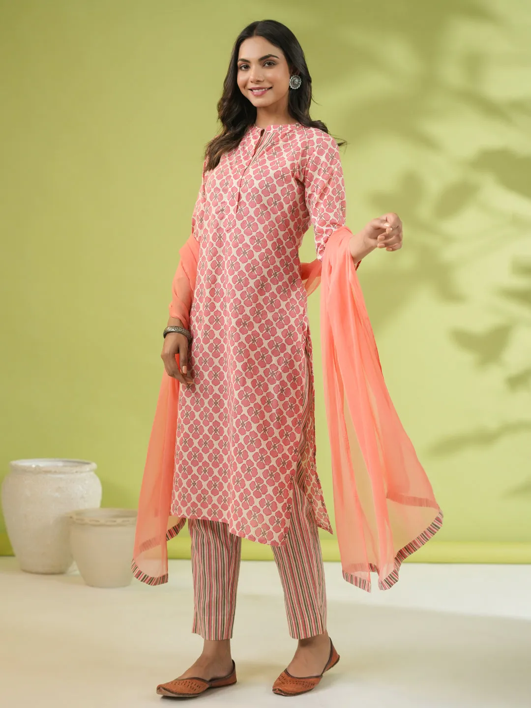 Peach Cotton Floral Regular Kurta Set