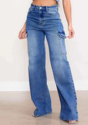 Pearl Adorned Denim Cargo Jeans