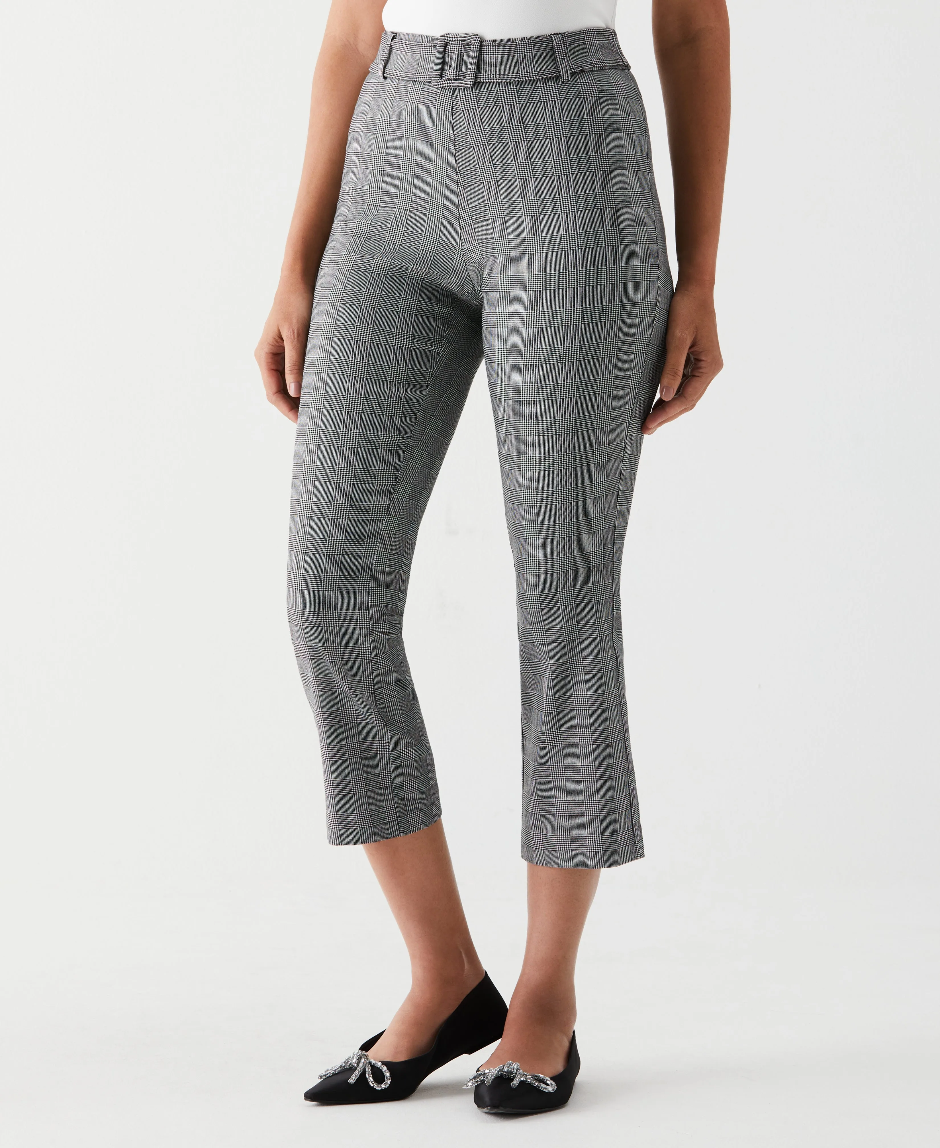 Plaid Crop Boot Cut Pant with Belt