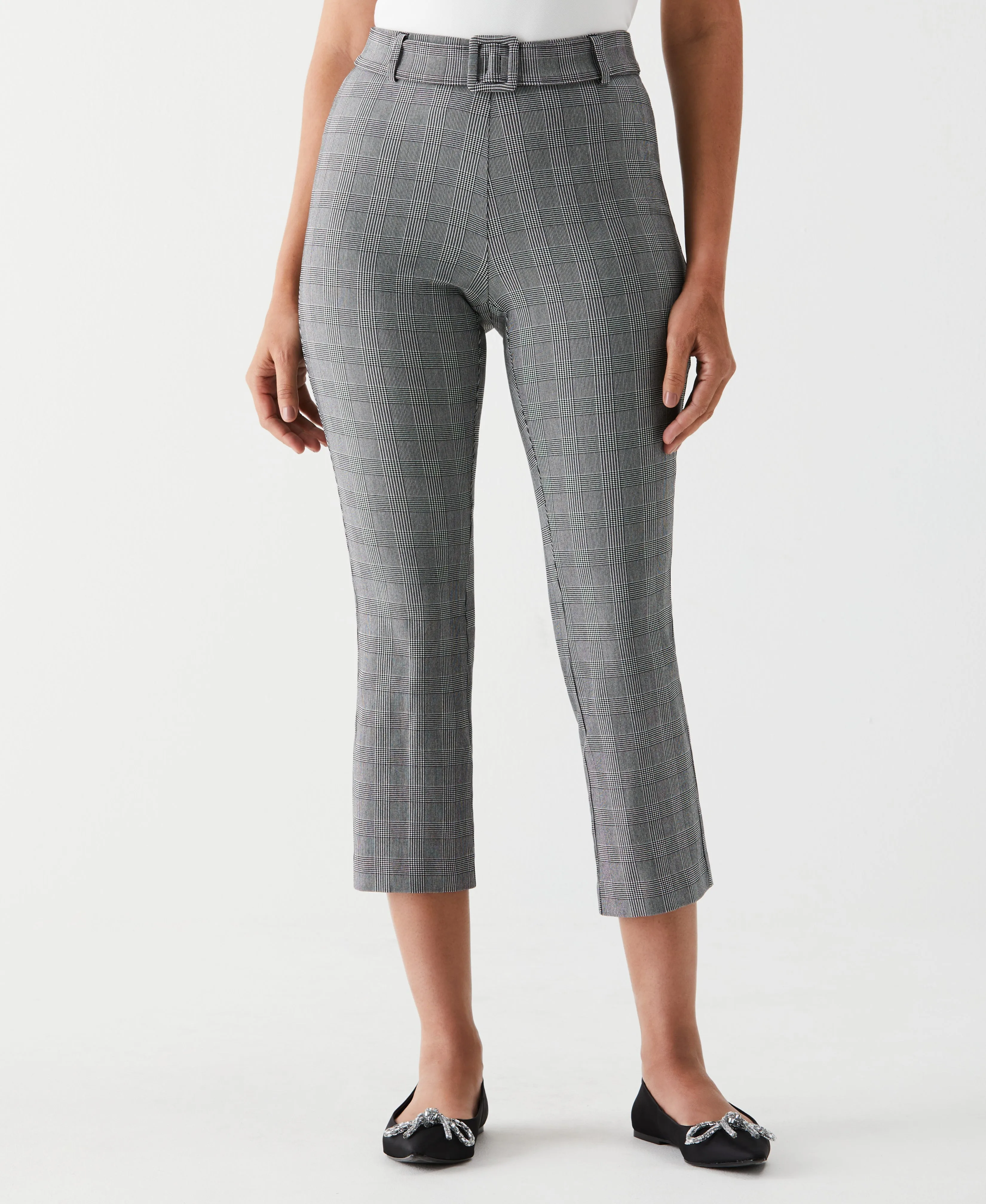 Plaid Crop Boot Cut Pant with Belt