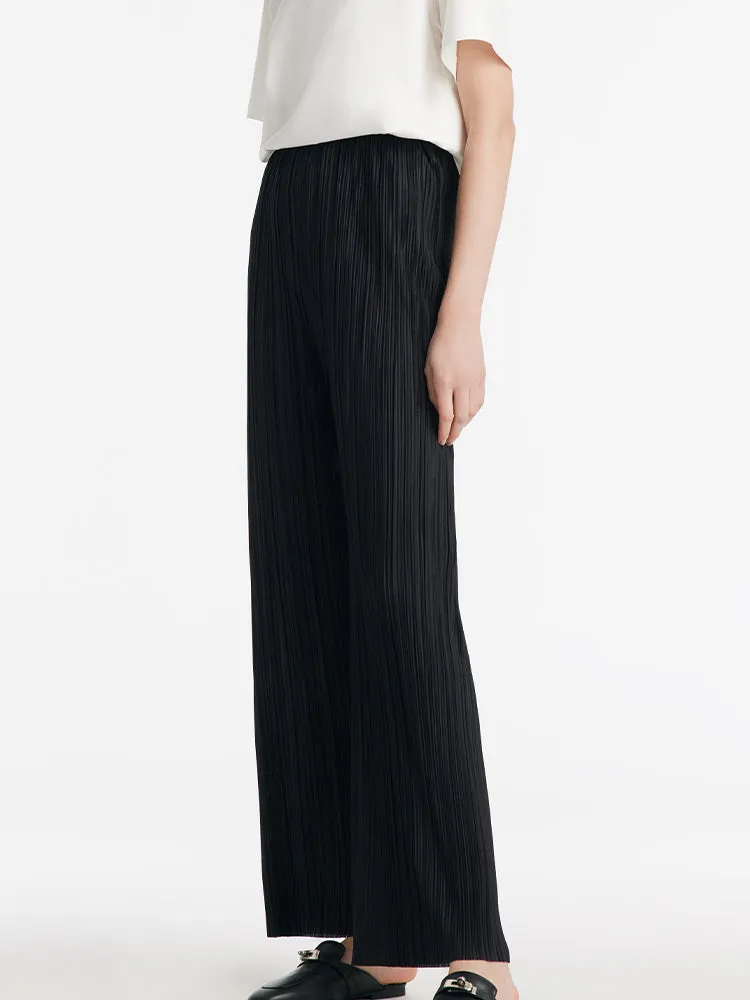 Pleated Straight Full Length Women Pants With Elastic Waistband