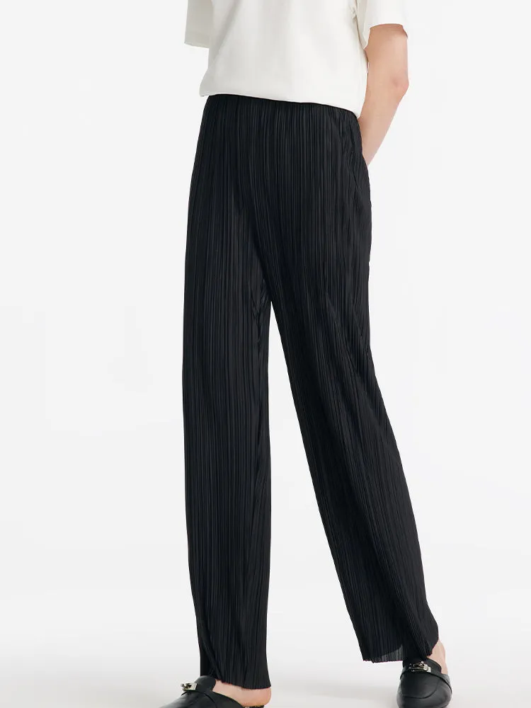 Pleated Straight Full Length Women Pants With Elastic Waistband