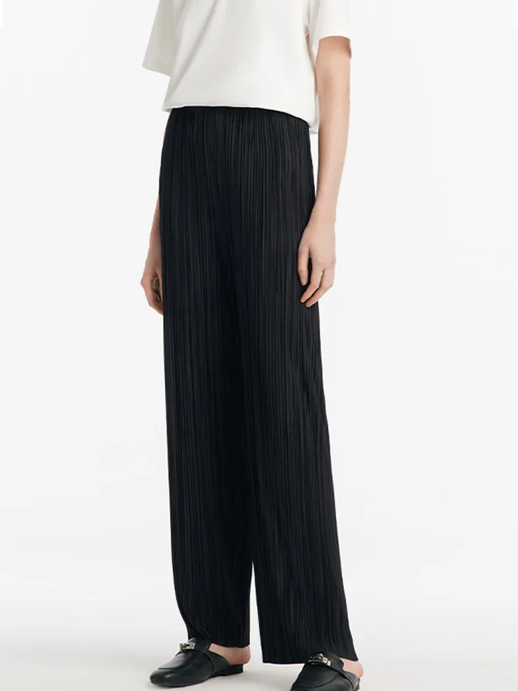 Pleated Straight Full Length Women Pants With Elastic Waistband