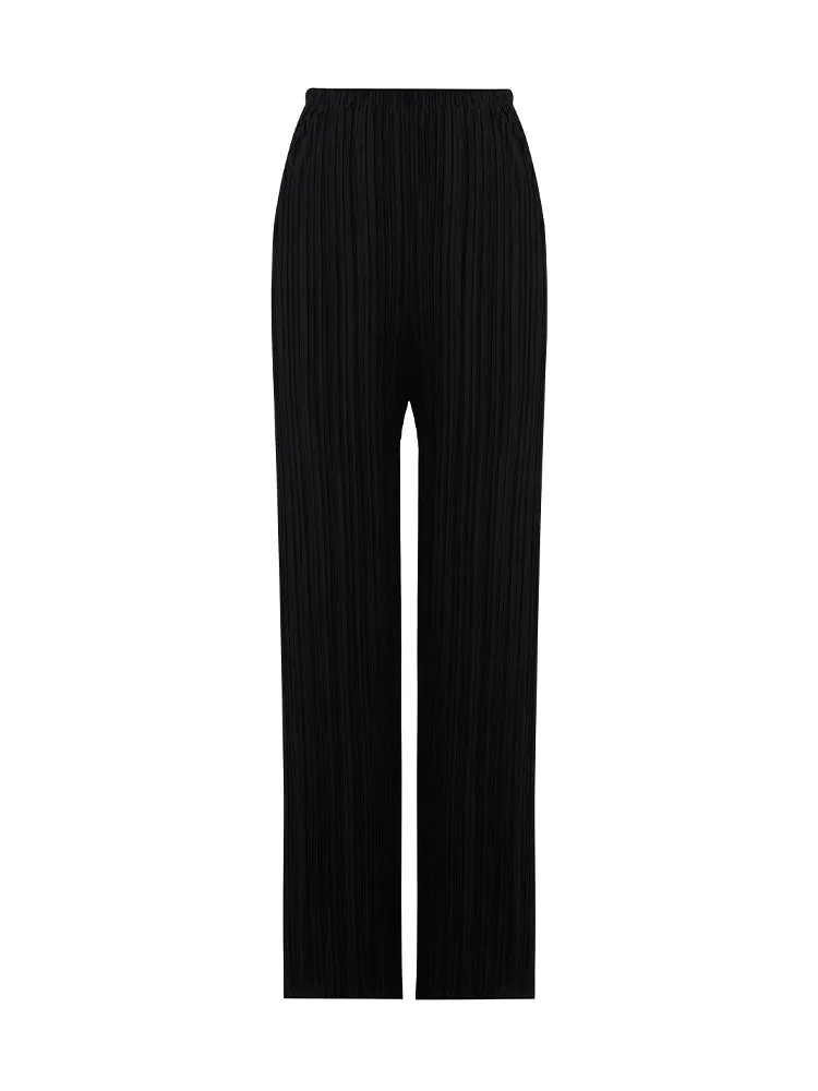 Pleated Straight Full Length Women Pants With Elastic Waistband