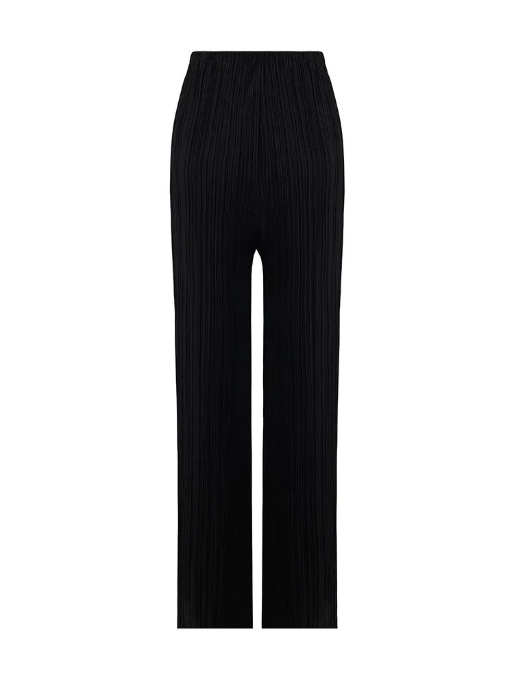 Pleated Straight Full Length Women Pants With Elastic Waistband