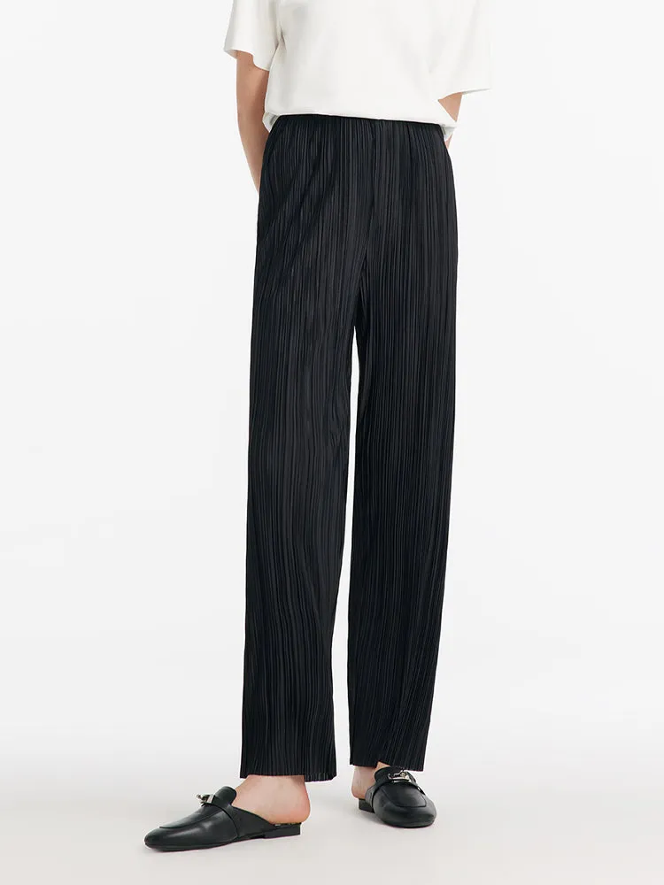 Pleated Straight Full Length Women Pants With Elastic Waistband