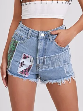 Print Contrast Denim Shorts Sexy Tassel Fashionable Short Pants