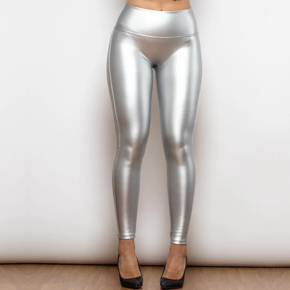 Regular Silver High Waist Leather Leggings