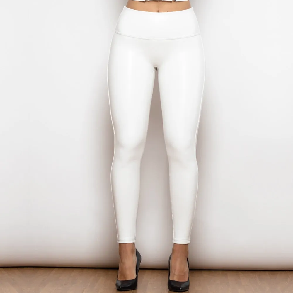 Regular Solid White High Waist Leather Leggings