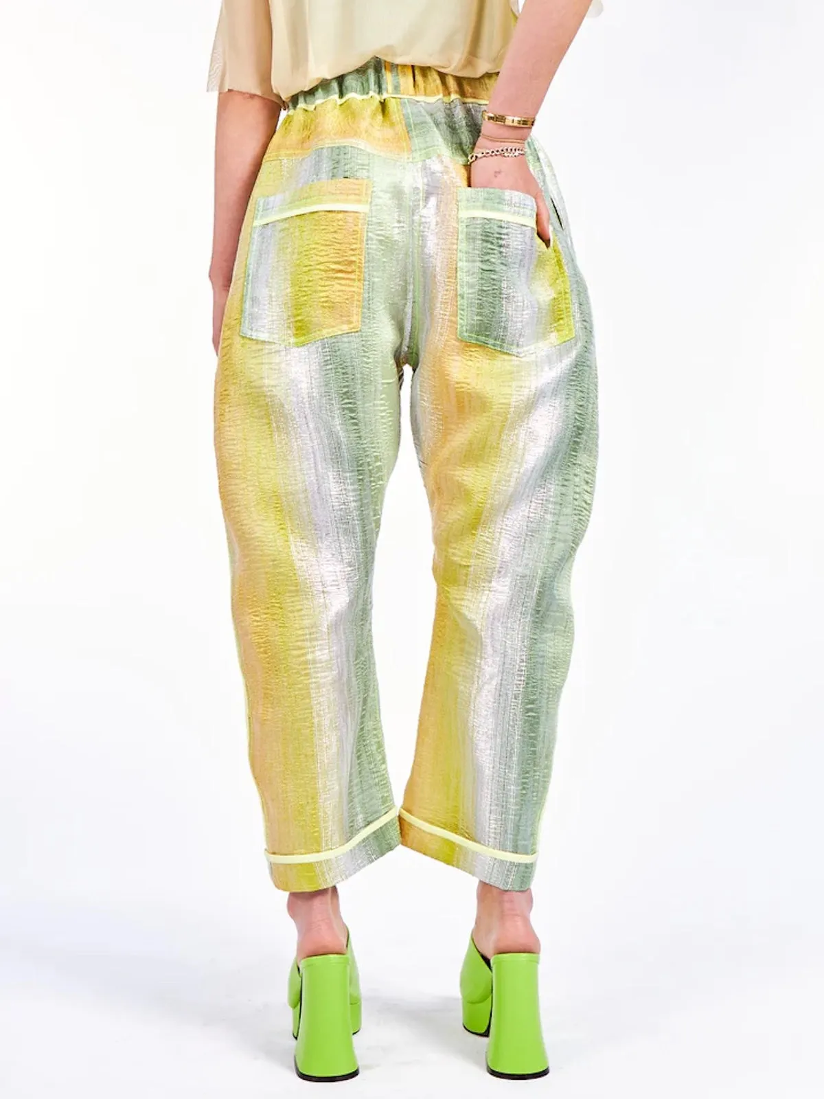 Sculpted Silk Brocade Arched-Leg Pants