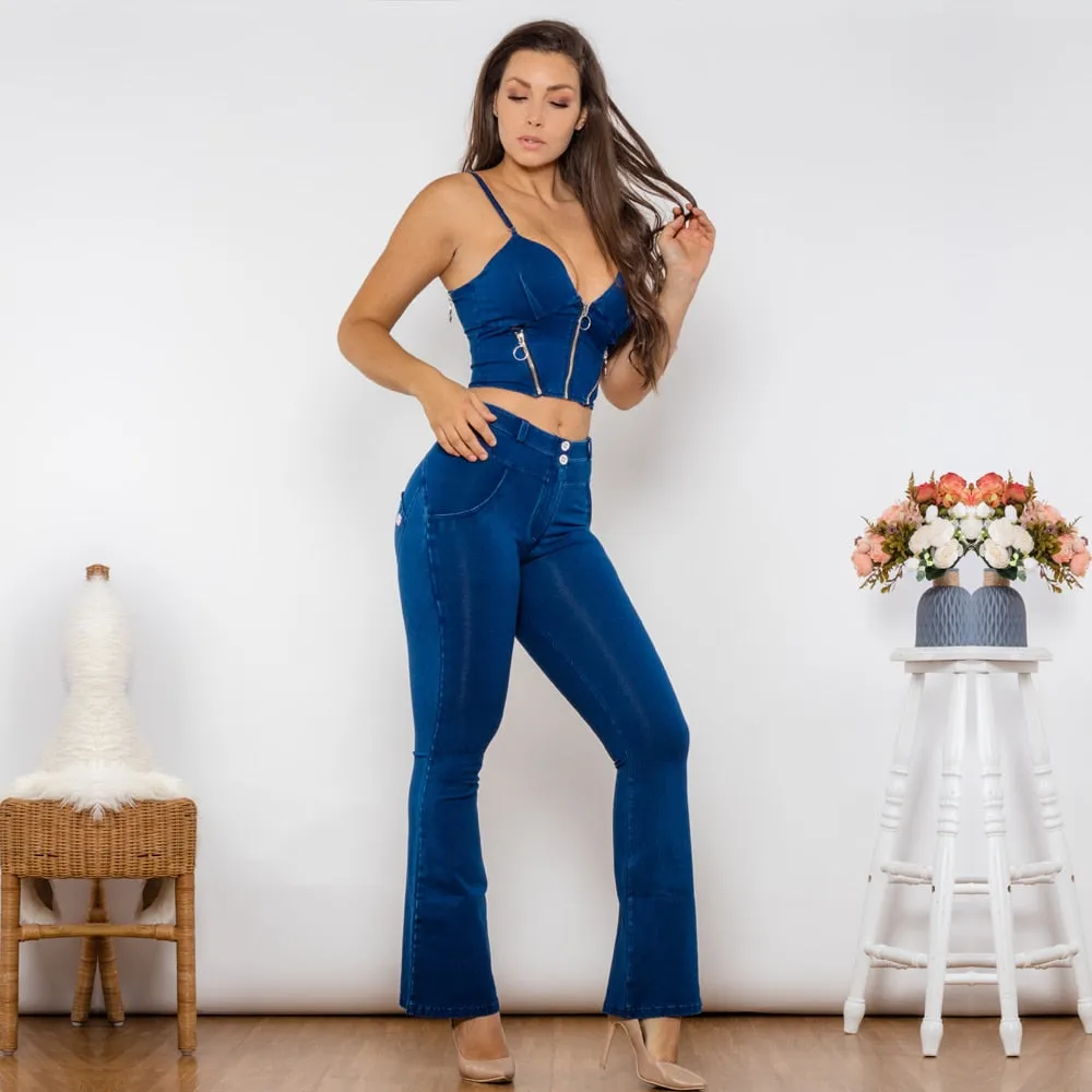 Shaper Set Dark Blue Bodysuit Zipper Push Up Top Middle Waist Flare Jeans Women Two Piece Clothes for Women