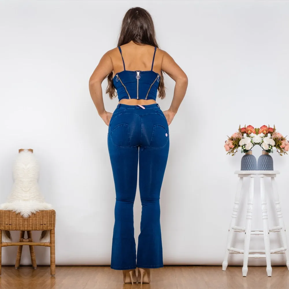 Shaper Set Dark Blue Bodysuit Zipper Push Up Top Middle Waist Flare Jeans Women Two Piece Clothes for Women