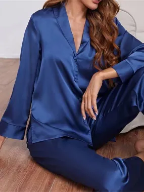 Silky V-Wire Lounge and Sleepwear Set for Women with Button-Up Long Sleeve Shirt and Pants